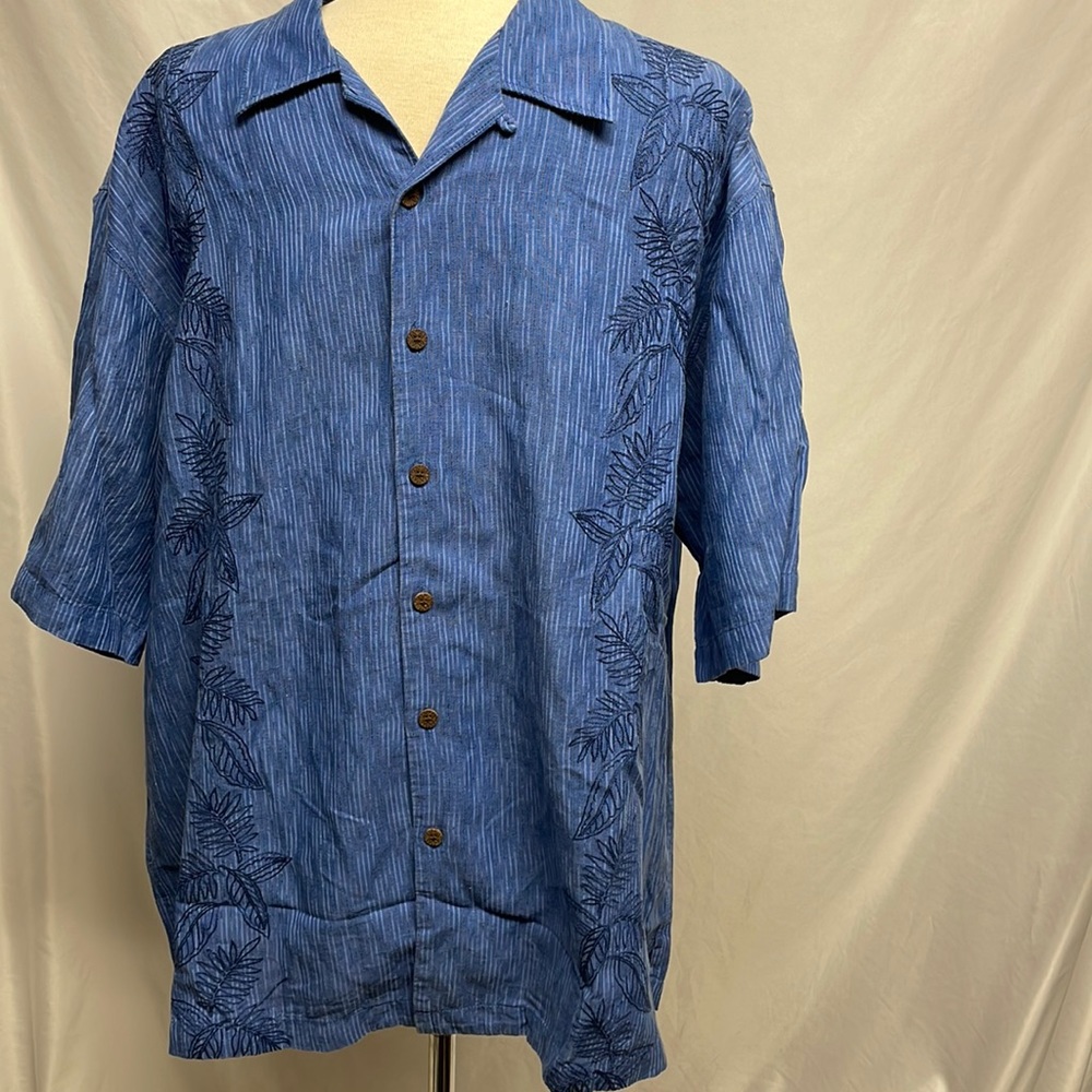 Blue Tommy Bahama Button Down Collared Short Linen Shirt Size XL